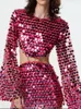 Casual Dresses Sexig Sequined aftonklänning Kvinnor Långärmad O Neck Slim Backless Fashion Mini 2024 Party Hallow Out Ferrule Robe