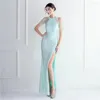 Casual Dresses Partysix Halter Neck Slit Prom Mermaid Sequin Evening Gown Mönster Lace Formal Party Beading Dress Long