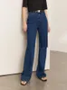 Kvinnors jeans amii 2024 Spring Cotton Women French Fashion Hollow High midja lösa breda benbyxor Dark Blue Denim 12240226