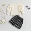 Conjuntos de roupas Focusnorm 0-4Y Criança Meninas Roupas Roupas Longa Manga Puff Ribbed Knit Tops Xadrez Pérola A-Line Saias 2pcs