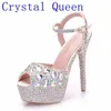 Sandals Crystal Queen Diamond Women Super High Heels Wedding Pumps 14cm Peep Shoes Platform 4CM Wristband Colorful Stiletto