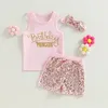 Set di abbigliamento FOCUSNORM 2-7Y Estate Bambino Ragazze Compleanno Vestiti Senza maniche Lettera Stampa Canotte Paillettes Pantaloncini Fascia