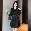 Women Dresses Designer Dress Fashion Black Lace Up Shirt Dresses Summer Waist Slim Lapel Long-sleeved A-line Dress