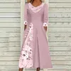 Casual Dresses Women Printed Dress Elegant Floral Print V-Neck Midi med veckad A-Line Hem Button Decor för kvinnors höstens garderob