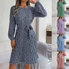 Casual Dresses Ladies Sundresses Kvinnors retro blommigt tryck Långärmad veckad kjol med breda fällformiga kjolar