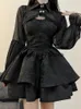 Casual Dresses 2024 Summer Black Gothic Lolita Short Party Suits Women Long Sleeve Coat Pure Color Mini Dress Fashion High Waist Outfits