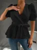 Blusas de mujer Celmia 2024 Blusa de manga abullonada a la moda con cuello en V para mujer Oficina señora camisa vintage transparente a cuadros vendaje sexy envuelto tops