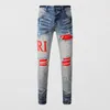 Usa Hip Hop Men Slim Fit Pants Designer Old Light Blue Hole Patch Micro Elastic Jean Man Plus Size Amiryes