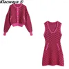 ワークドレスklacwayaニットスーツ2ピースセット女性ベストドレス長袖トップボタンダウンカーディガンセーター女性ピンクの格子縞