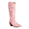 Bottes IPPEUM Rose Western Cowboy Genou Haut Bout Pointu Chunky Talon Femmes Chaussures Cowgirl Botas Mujer