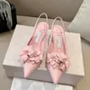 Flower High Heels Slingbacks 4.5/6.5cm Women Dress Shoes Fairy Girl Designer Pumps Point Toes Genuine Leather Lady Sandals Wedding Bridal Shoes Top Mirror Quality