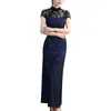 Ubranie etniczne Panie Cheongsam sukienka Elegancka vintage chińska koronkowa maxi z stojącą kołnierzową dzieloną kobietą klasyczny Qipao dla