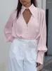 Damenblusen Mnealways18 Weißer Jacquard Sexy Frauen Streak Shirts Reversausschnitt Einreiher und Tops Büro Damen Rosa Streifen 2024