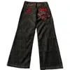 Y2K Vintage Mens Jeans Gothic American Patchwork Monogram broderi mönster harajuku män kvinnor streetwear svart bredben jeans 240131