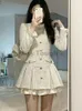 Casual jurken Beige Autumn France Elegant Dress Women Button Designer Party Vrouw Patchwork Koreaanse stijl Vintage 2024