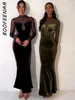 Casual Dresses BOOFEENAA Patchwork Velvet Mesh See Through Party Women Evening Gown Elegant Sexy Long Sleeve Bodycon Maxi Dress C92DB34