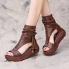 Rzymskie buty damskie Summer Casual Fashion 2023 Wysokie górne obcasy klinowe miękkie skórzane grube podeszwy rybne usta sandały 240129