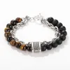 Link Armbänder Kette Tiger Eye Stein Perlen Herren Armband Für Männer Edelstahl Gunmetal Yoga Viking Männliche Schmuck312o