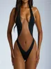 Maillots de bain pour femmes Transparent Patchwork One Piece Bikini Low Chest Sexy Skinny Voir à travers Noir Chic Halter Neck Dos Nu Slim Beachwear