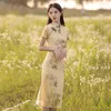 Vêtements ethniques Cheongsam 2024 Femmes Été Simple et élégant Rétro Style chinois Fleur Moyen Long Jeune Robe améliorée