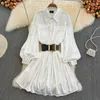 Casual Dresses 2024 Spring Korean Version Lapel Lantern Long Sleeve Loose A-Line Dress Lazy Style Single Breasted Shirt