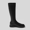 Bottes noires plates extensibles au genou pour femme, automne-hiver, talon bas, bout rond, sans lacet, grande taille 42 43