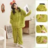 Women's Sleepwear Pajamas Set Coral Velvet Padded Thickened Cute Cartoon Hooded Zip Leisure Can Be Worn Outside The Home Clothing