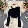 Women's Blouses Design Off Shoulder Strap Blouse Women Diagonal-Collar Long Sleeve Slim Tops Summer Korean Short