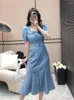 Party Dresses 2024 Summer Bubble Short Sleeve Square Neck Denim For Women Retro High Waist Slim Split Fishtail Mid Length Dress