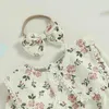 Rompers Pudcoco Infant Born Baby Girl Spring Jumpsuit Set Flower Print Long Sleeve Doll Collar Romper Bow Headband