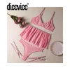 مجموعة حمالات الدفاع DICCVICC PINK Lingerie Sexy Lace Up Bra Ruffle Garter Thong Set See من خلال امرأة ملابس داخلية شقي ملابس غريبة يتوهم الزي