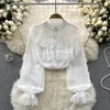 Women's Blouses Women Chic Patchwork Ruffled Lace Flare Sleeve Long Solid Sexy Korean Fashion Summer Shirt Casual Shirts