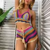 Women's Swimwear Crochet Bikini Set Multicolor Knitted Rainbow Stripe Shoulder Top+Bottom Bikini Beach Suit Swimwear Womens Swimwear J240131