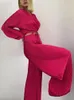 Calças femininas de duas peças rosa vermelho plissado terno com topo de colheita perna larga manga inchada com decote em v agasalho para meninas conjunto roupas
