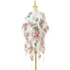 الأوشحة Smock Shawl Flower Printed Tassel Beach Poncho Swimsuit Cover-up-sunchreen raster Quick Cardigan for Bikini Bathing