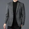 2023 Autumn Winter Men Classic Plaid Sheep Wool Blazers Male Grey Coffee Checked Pattern Cashmere Blended Suit Jackor Outfits 240125