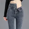 Jeans skinny caldi a vita alta in pile spesso invernale di alta qualità Pantaloni a matita con bottoni elasticizzati da donna spessi Jeans casual in velluto mamma 240129