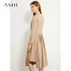 Casual Dresses AMII Minimalism Autumn Fashion Pleated Solid Women Dress Causal Vneck Full Sleeve Knee-length Female 12070285