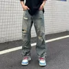 Jeans masculinos hip hop calças streetwear rasgado buraco perna larga com multi bolsos detalhes angustiados para estilo casual urbano