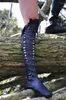 Stiefel Punk-Stil Kreuzgurt Western Cowboy Retro Spleißen Knie Lässig Flach Große Größe Outdoor Damen 3443