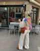 Vintage Contrast Stripe Cropped Cardigan Lantern Sleeve Loose Rainbow Knitted Tops Coat Women Fashion Sweater Street Wear 240131