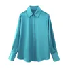 Robes de travail femmes mode Satin ample bleu Blouses Vintage à manches longues boutonné dessus de chemise plis jupes 2 pièces costume Mujer