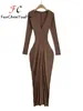 Casual Dresses Spring 2024 Fashion Elegant Sexy Deep V Neck Long Sleeved Skirt Slim Fit Office-lady Pleated Ankle Length Party Dress Women