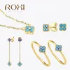 ROXI S925 Sterling Zilver Turquoise Clear Zirkoon Bloemblaadje-vormige Sieraden Set Vinger Ringen Ketting Voor Vrouwen Kolczyki