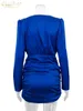 Casual Dresses Clacive Sexy Blue Saitn Women'S 2024 Bodycon Deep V-Neck Long Sleeve Mini Dress Female Elegant Slim Ruched Party