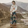 Vêtements ethniques Printemps Tibétain Femme Imprimé Chemise à manches longues Jupe portefeuille une pièce