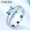 UMCHO Solid 925 Sterling Silver Jewelry Created Nano Sky Blue Topaz Rings For Women Cocktail Ring Wedding Party Fine Jewelry CJ191232B