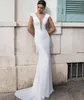 PUMGING V Neck Boho White Mermaid Wedding Dresses Sparkle Crystals Tonged With Cap ärmar Brudklänningar Garden Beach Sweep Train Simple Bride Robes de Mariee CL3266