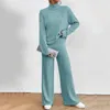 Pantaloni a due pezzi da donna Abiti in maglia tinta unita Abbigliamento Primavera Collo alto con orlo a fessura Tee 2 Set di tute Pantaloni larghi