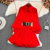 Casual Dresses 2024 Spring Korean Version Lapel Lantern Long Sleeve Loose A-Line Dress Lazy Style Single Breasted Shirt